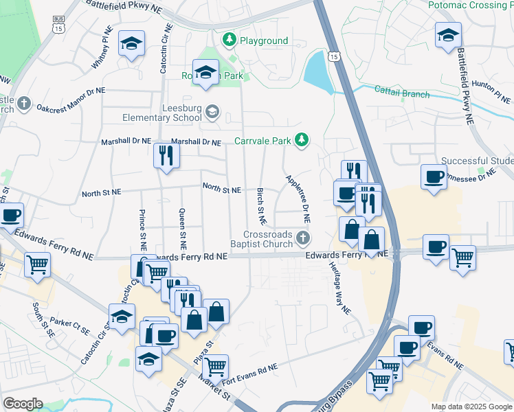 map of restaurants, bars, coffee shops, grocery stores, and more near 111 Birch Street Northeast in Leesburg