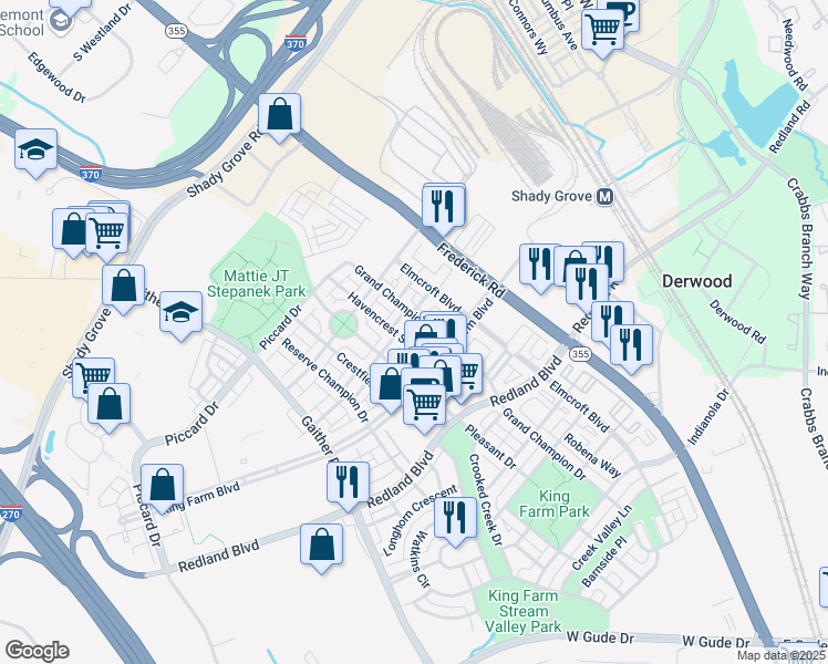 map of restaurants, bars, coffee shops, grocery stores, and more near 308 Garden View Square in Rockville