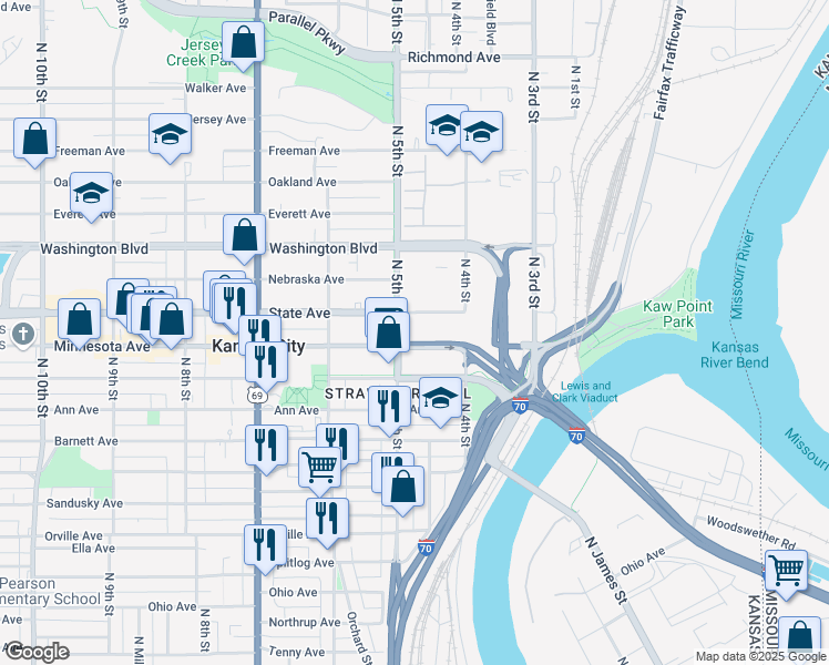 map of restaurants, bars, coffee shops, grocery stores, and more near 444 Minnesota Avenue in Kansas City