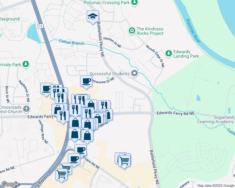 map of restaurants, bars, coffee shops, grocery stores, and more near 1636 Field Sparrow Terrace Northeast in Leesburg