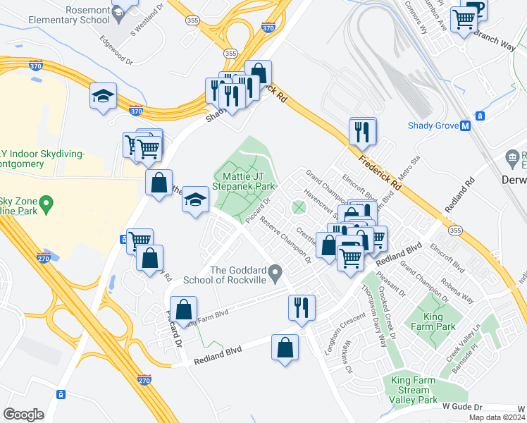 map of restaurants, bars, coffee shops, grocery stores, and more near 1805 Piccard Drive in Rockville