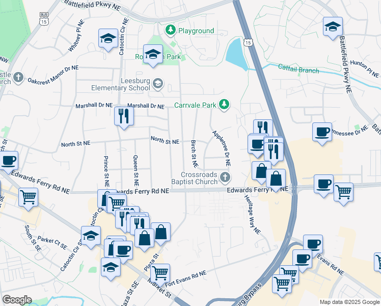 map of restaurants, bars, coffee shops, grocery stores, and more near 111 Birch Street Northeast in Leesburg