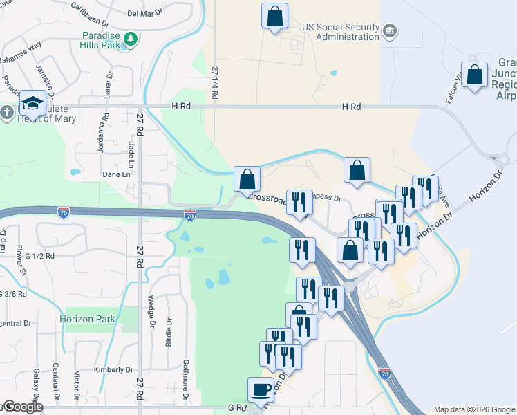 map of restaurants, bars, coffee shops, grocery stores, and more near 2743 Crossroads Boulevard in Grand Junction
