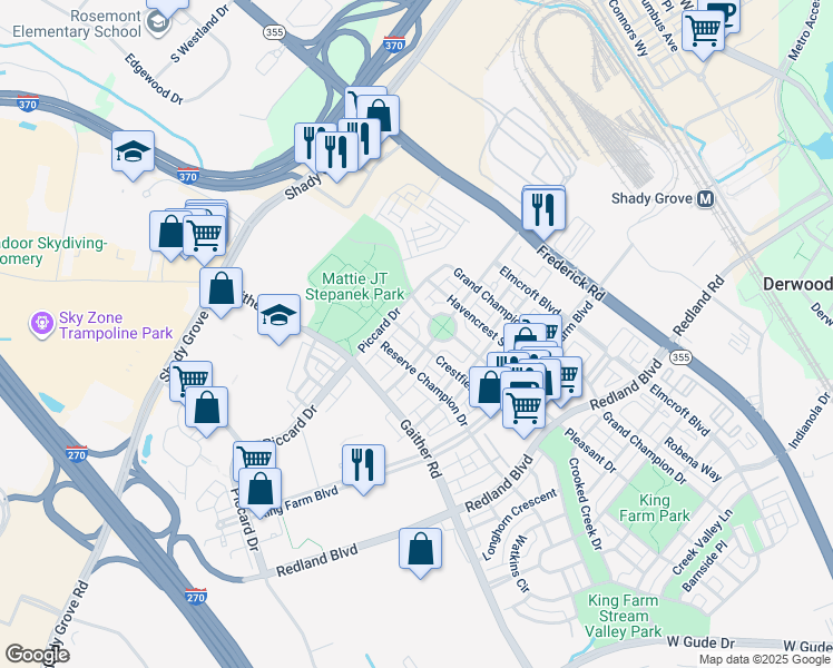 map of restaurants, bars, coffee shops, grocery stores, and more near 1105 Crestfield Drive in Rockville