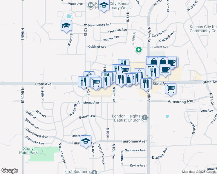 map of restaurants, bars, coffee shops, grocery stores, and more near 8021 State Avenue in Kansas City