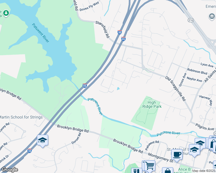 map of restaurants, bars, coffee shops, grocery stores, and more near 9302 Sydney Way in Laurel