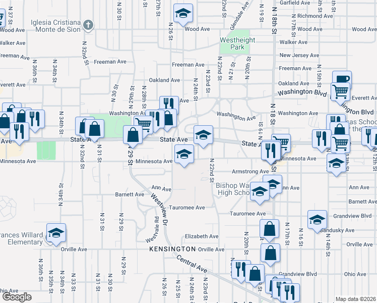 map of restaurants, bars, coffee shops, grocery stores, and more near 2400 Minnesota Avenue in Kansas City