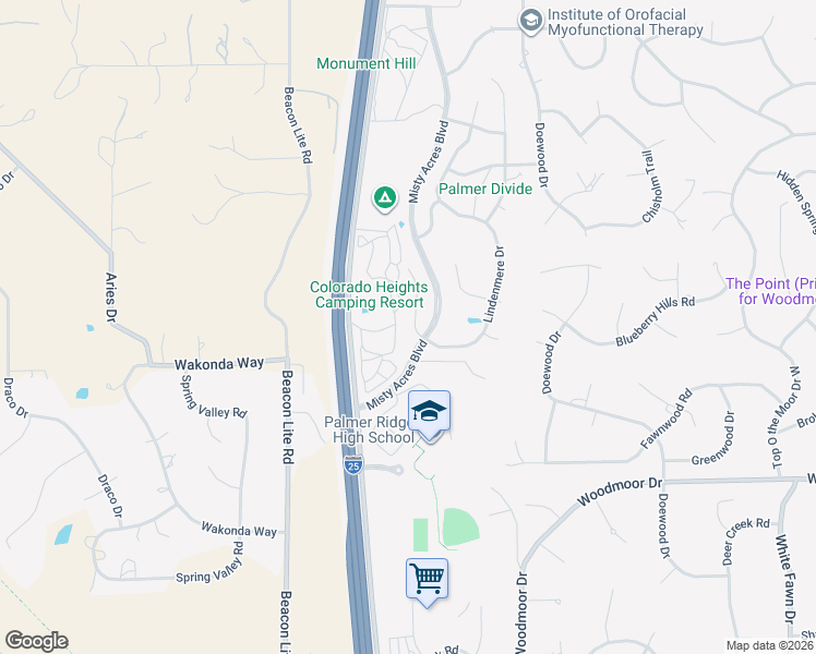 map of restaurants, bars, coffee shops, grocery stores, and more near 19563 Lindenmere Drive in Monument