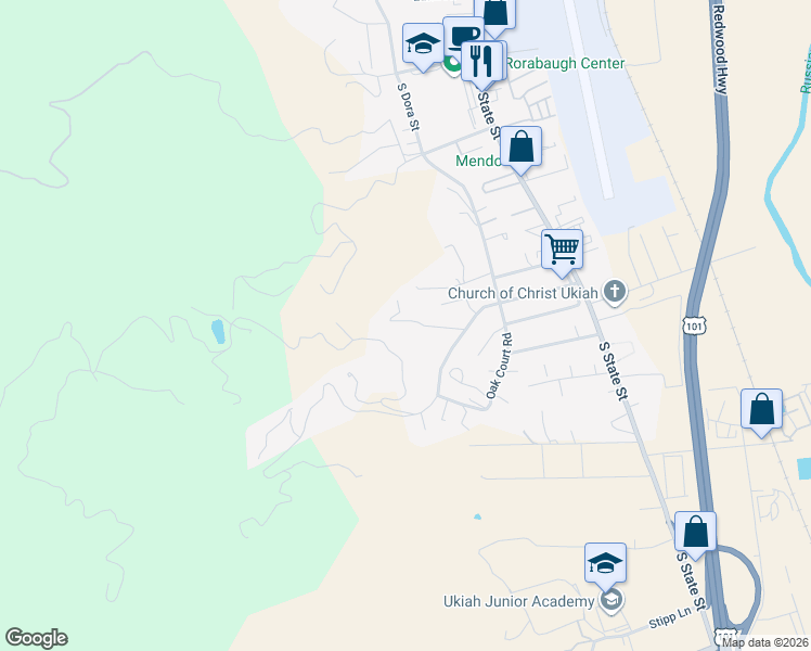 map of restaurants, bars, coffee shops, grocery stores, and more near 295 Toyon Road in Ukiah