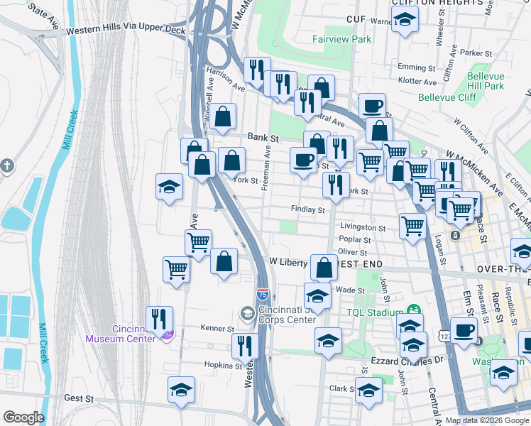 map of restaurants, bars, coffee shops, grocery stores, and more near 940 Poplar Street in Cincinnati