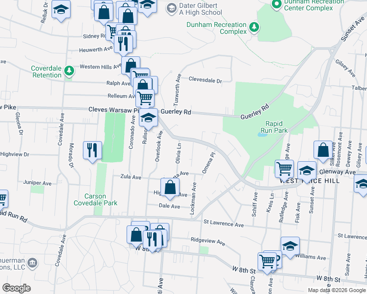 map of restaurants, bars, coffee shops, grocery stores, and more near 1141 Olivia Lane in Cincinnati
