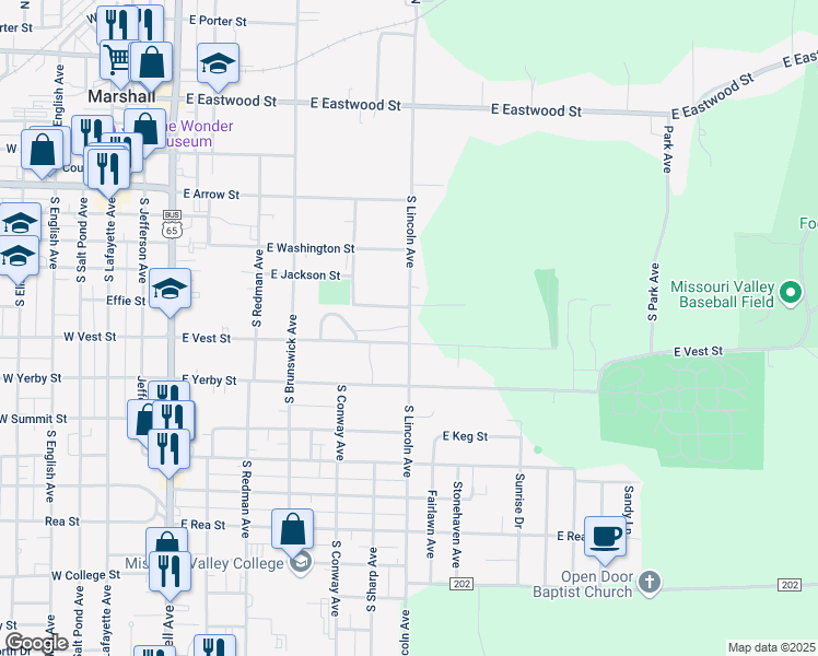 map of restaurants, bars, coffee shops, grocery stores, and more near 601-699 South Lincoln Avenue in Marshall