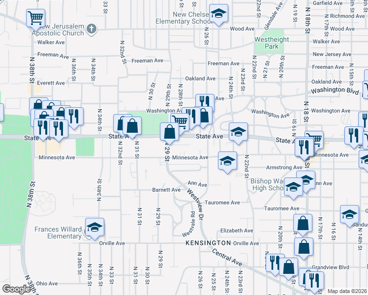 map of restaurants, bars, coffee shops, grocery stores, and more near 2648 Minnesota Avenue in Kansas City