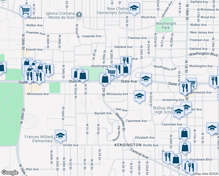 map of restaurants, bars, coffee shops, grocery stores, and more near 2648 Minnesota Avenue in Kansas City