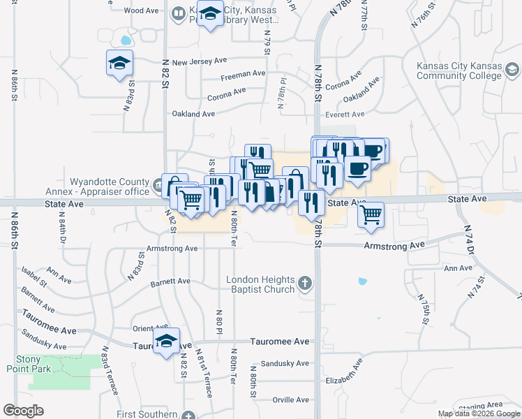 map of restaurants, bars, coffee shops, grocery stores, and more near 845 North 84 Street in Kansas City