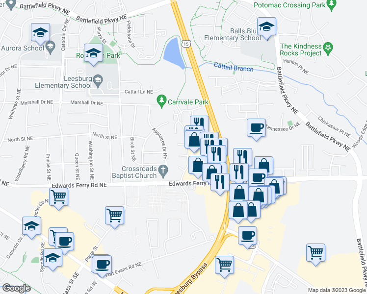 map of restaurants, bars, coffee shops, grocery stores, and more near 1001 Forbes Court Northeast in Leesburg