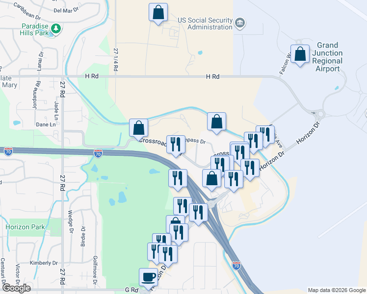 map of restaurants, bars, coffee shops, grocery stores, and more near 2751 Crossroads Boulevard in Grand Junction