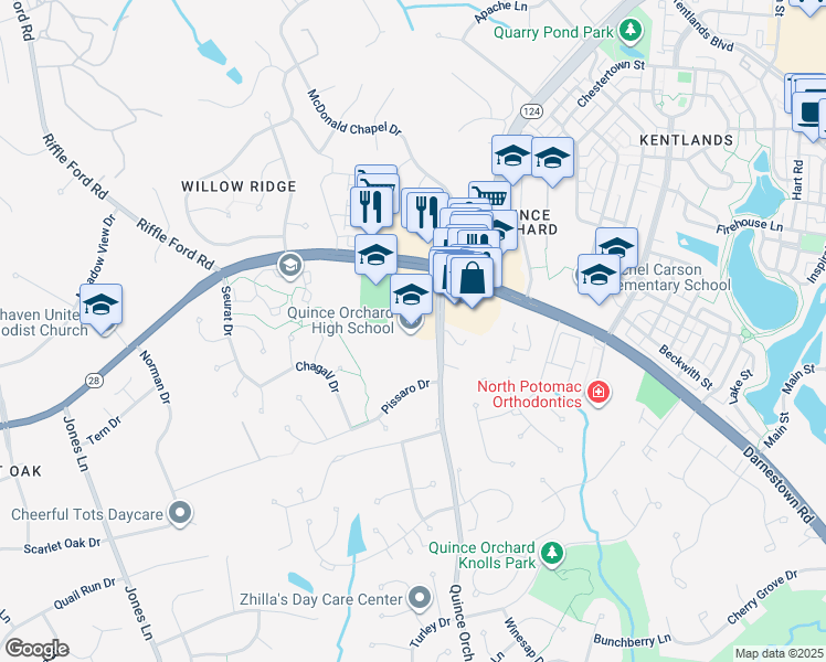 map of restaurants, bars, coffee shops, grocery stores, and more near 15800 Quince Orchard Road in Gaithersburg