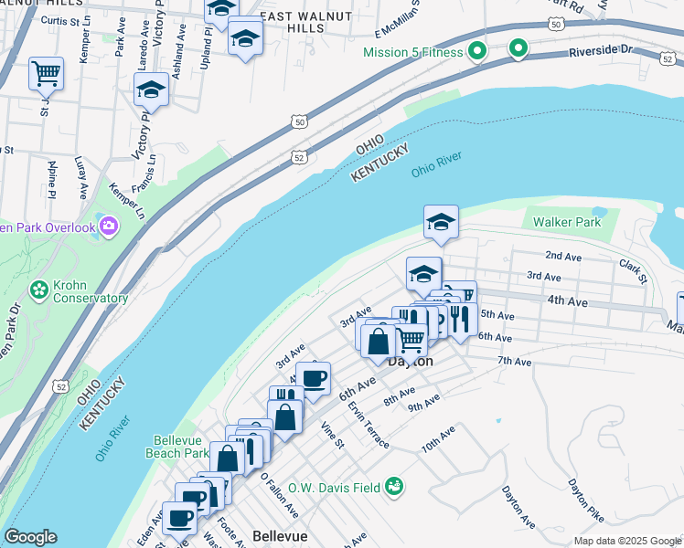 map of restaurants, bars, coffee shops, grocery stores, and more near 615 Manhattan Boulevard in Dayton