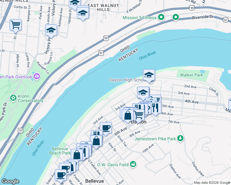 map of restaurants, bars, coffee shops, grocery stores, and more near 615 Manhattan Boulevard in Dayton