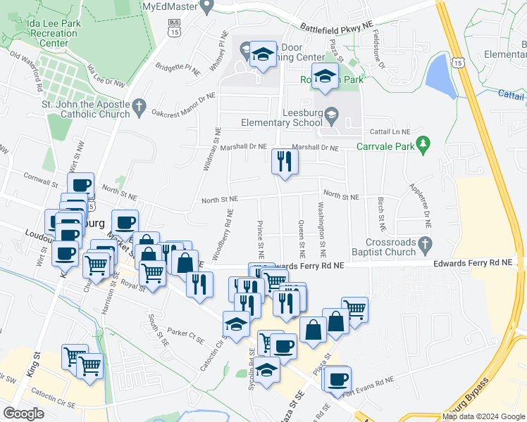map of restaurants, bars, coffee shops, grocery stores, and more near 220 Prince Street Northeast in Leesburg