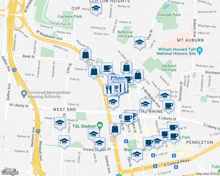 map of restaurants, bars, coffee shops, grocery stores, and more near 215 Findlay Street in Cincinnati