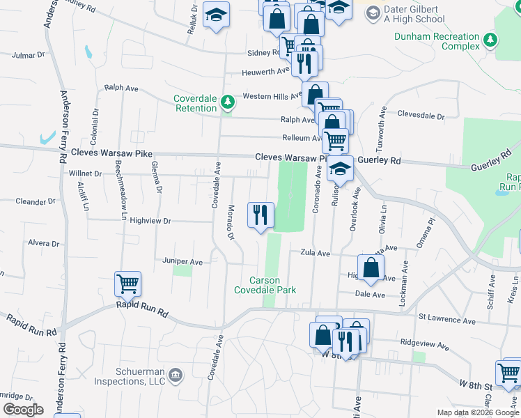 map of restaurants, bars, coffee shops, grocery stores, and more near 1139 Nancy Lee Lane in Cincinnati