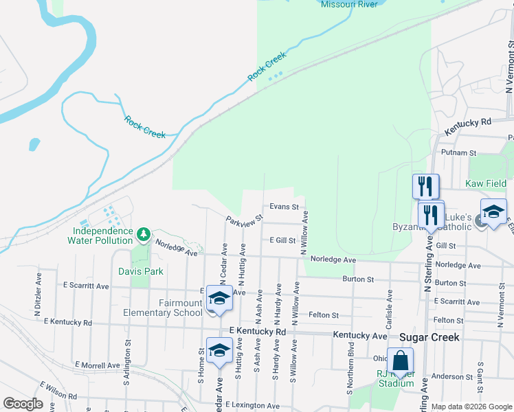 map of restaurants, bars, coffee shops, grocery stores, and more near 401 North Ash Avenue in Independence