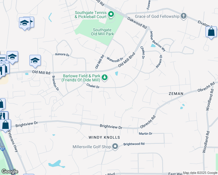 map of restaurants, bars, coffee shops, grocery stores, and more near 414 Chalet Drive in Millersville