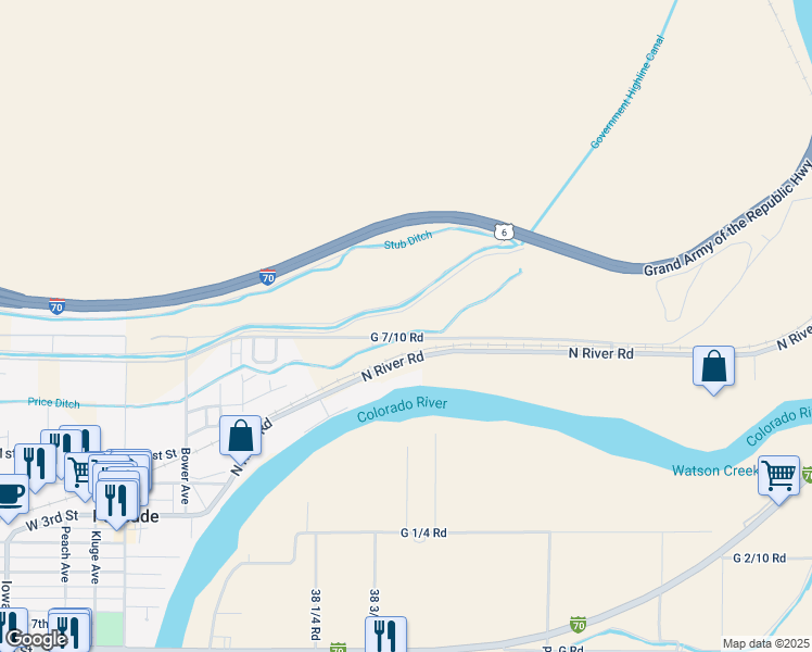 map of restaurants, bars, coffee shops, grocery stores, and more near 3847 G 7/10 Road in Palisade
