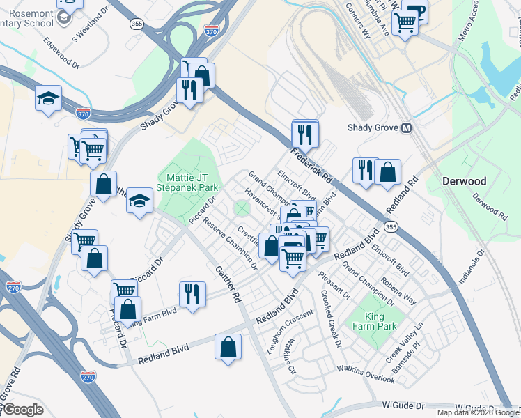 map of restaurants, bars, coffee shops, grocery stores, and more near 1016 Havencrest Street in Rockville