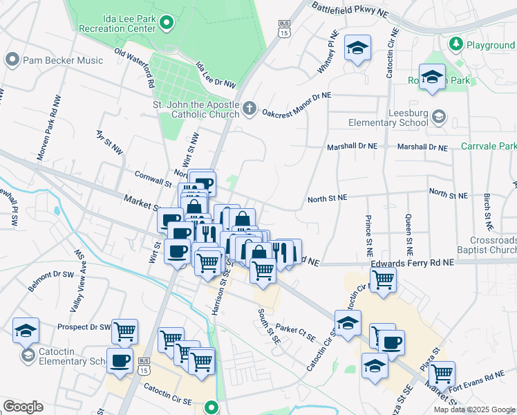 map of restaurants, bars, coffee shops, grocery stores, and more near 125 Harrison Street Northeast in Leesburg