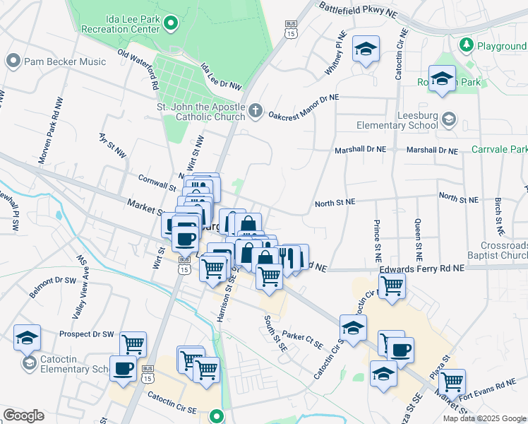 map of restaurants, bars, coffee shops, grocery stores, and more near 125 Harrison Street Northeast in Leesburg