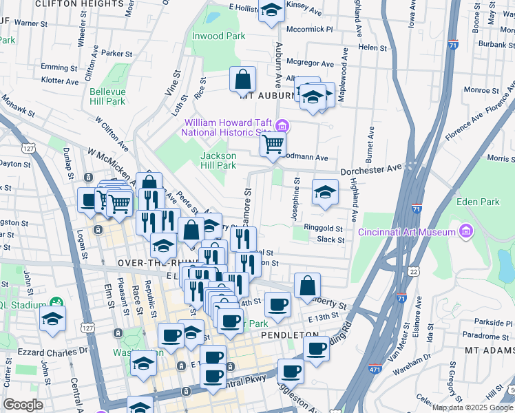 map of restaurants, bars, coffee shops, grocery stores, and more near 1825 Walker Street in Cincinnati