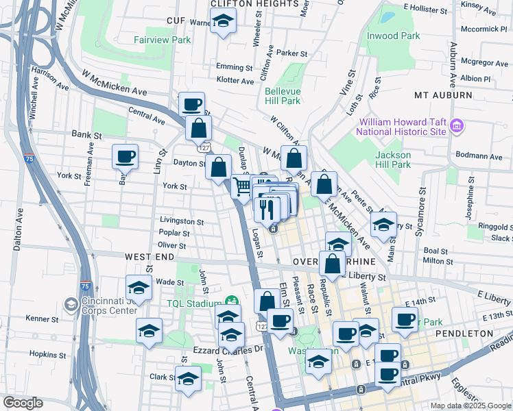map of restaurants, bars, coffee shops, grocery stores, and more near 1810 Campbell St in Cincinnati
