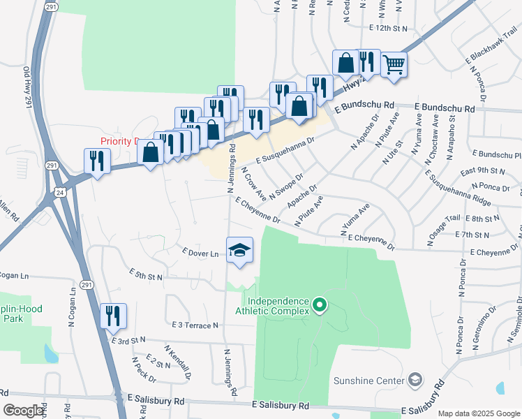 map of restaurants, bars, coffee shops, grocery stores, and more near 17405 East Cheyenne Drive in Independence