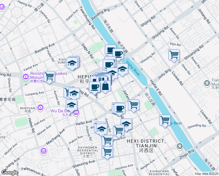map of restaurants, bars, coffee shops, grocery stores, and more near in Tianjin