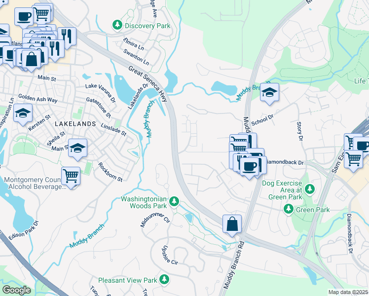 map of restaurants, bars, coffee shops, grocery stores, and more near 301 High Gables Drive in Gaithersburg