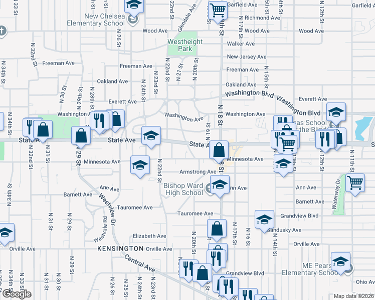 map of restaurants, bars, coffee shops, grocery stores, and more near 1881 Minnesota Avenue in Kansas City