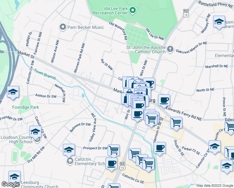 map of restaurants, bars, coffee shops, grocery stores, and more near 215 West Market Street in Leesburg