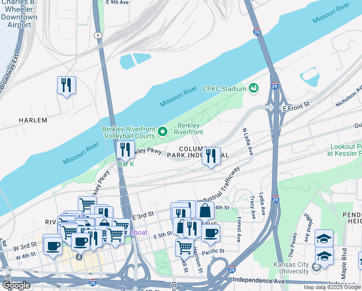 map of restaurants, bars, coffee shops, grocery stores, and more near 1000 Berkley Parkway in Kansas City