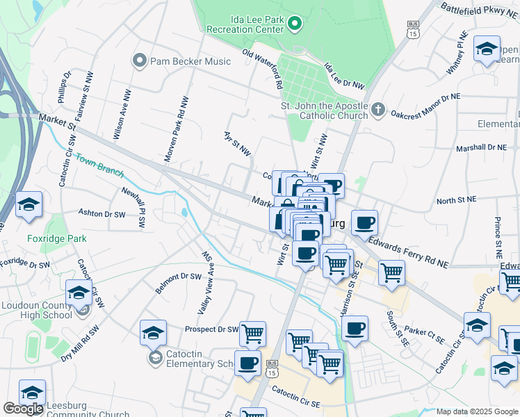 map of restaurants, bars, coffee shops, grocery stores, and more near 215 West Market Street in Leesburg