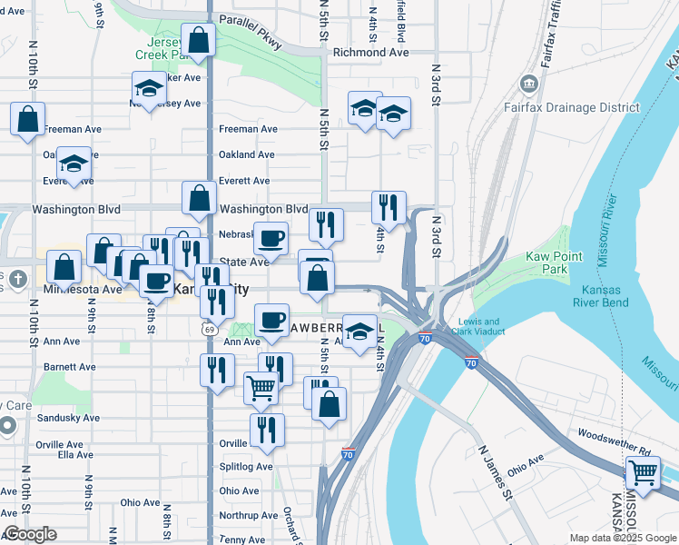 map of restaurants, bars, coffee shops, grocery stores, and more near 444 Minnesota Avenue in Kansas City