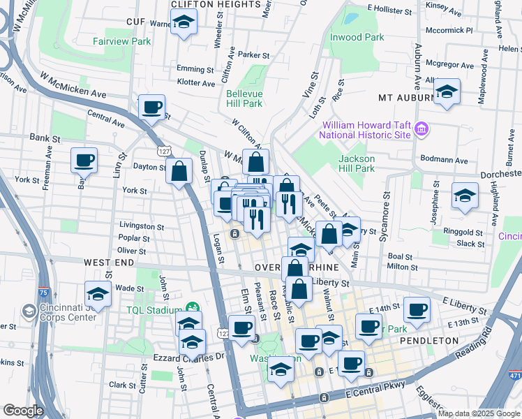 map of restaurants, bars, coffee shops, grocery stores, and more near 19 West Elder Street in Cincinnati