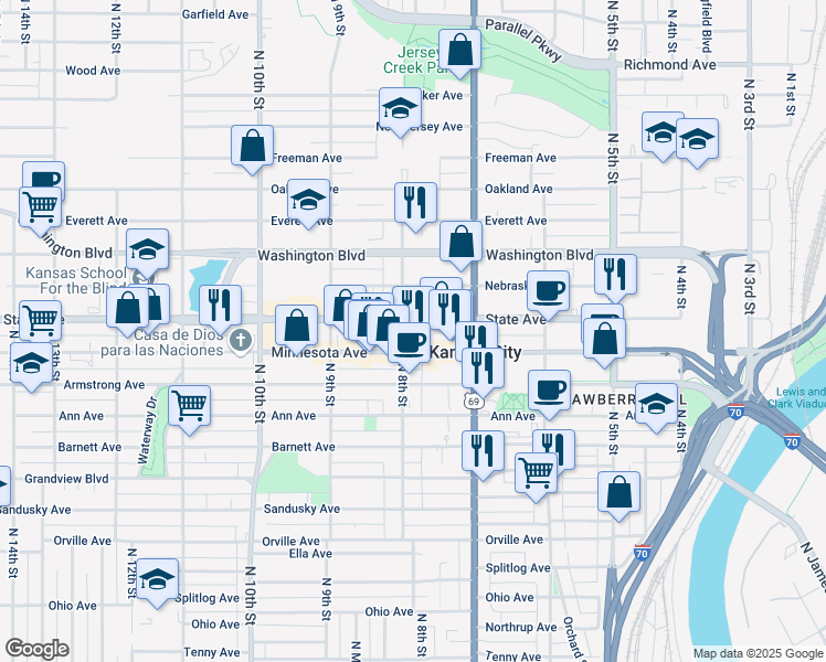 map of restaurants, bars, coffee shops, grocery stores, and more near 749 Minnesota Avenue in Kansas City