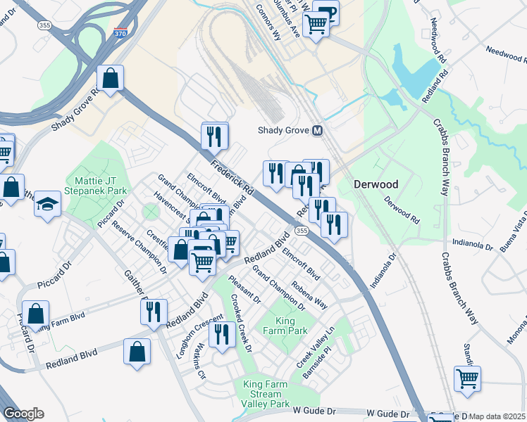 map of restaurants, bars, coffee shops, grocery stores, and more near 21 Elmcroft Court in Rockville