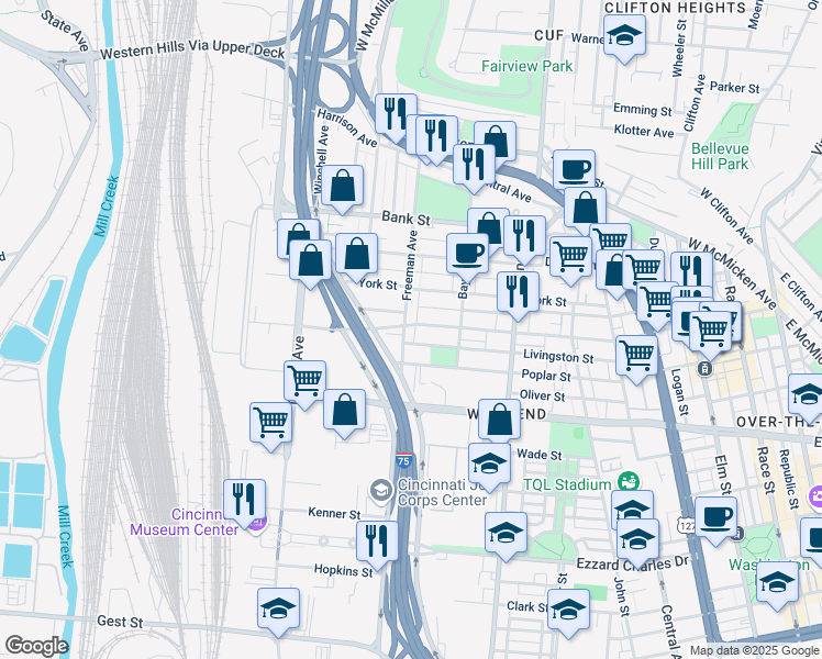 map of restaurants, bars, coffee shops, grocery stores, and more near 940 Poplar Street in Cincinnati