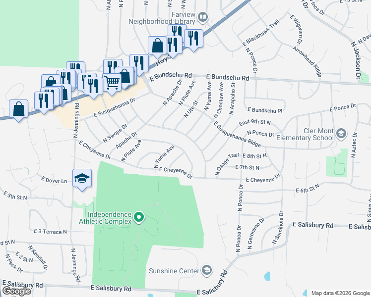 map of restaurants, bars, coffee shops, grocery stores, and more near 717 North Choctaw Avenue in Independence