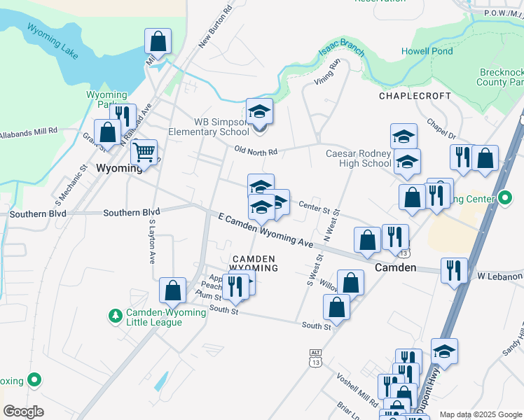 map of restaurants, bars, coffee shops, grocery stores, and more near 109 East Camden Wyoming Avenue in Camden