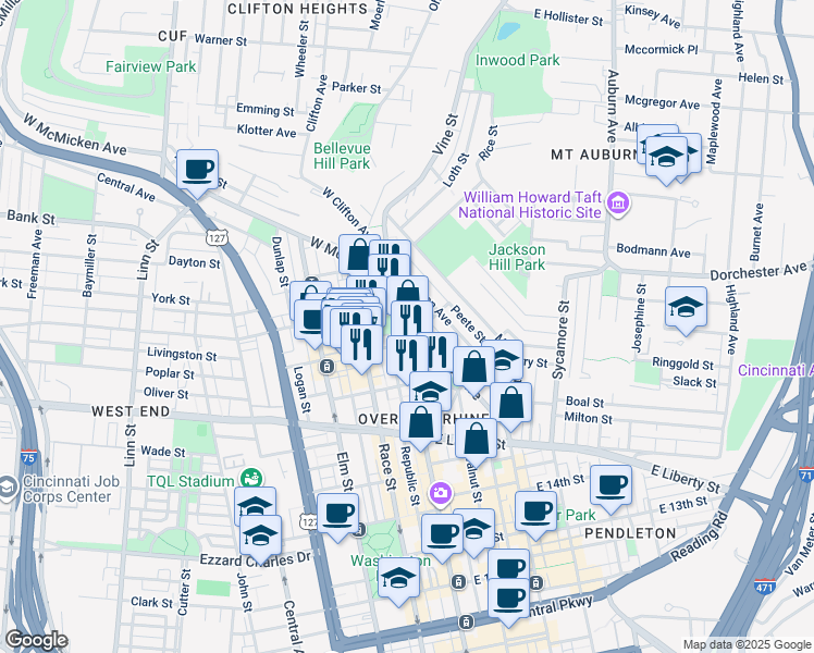 map of restaurants, bars, coffee shops, grocery stores, and more near 1669 Hamer Street in Cincinnati
